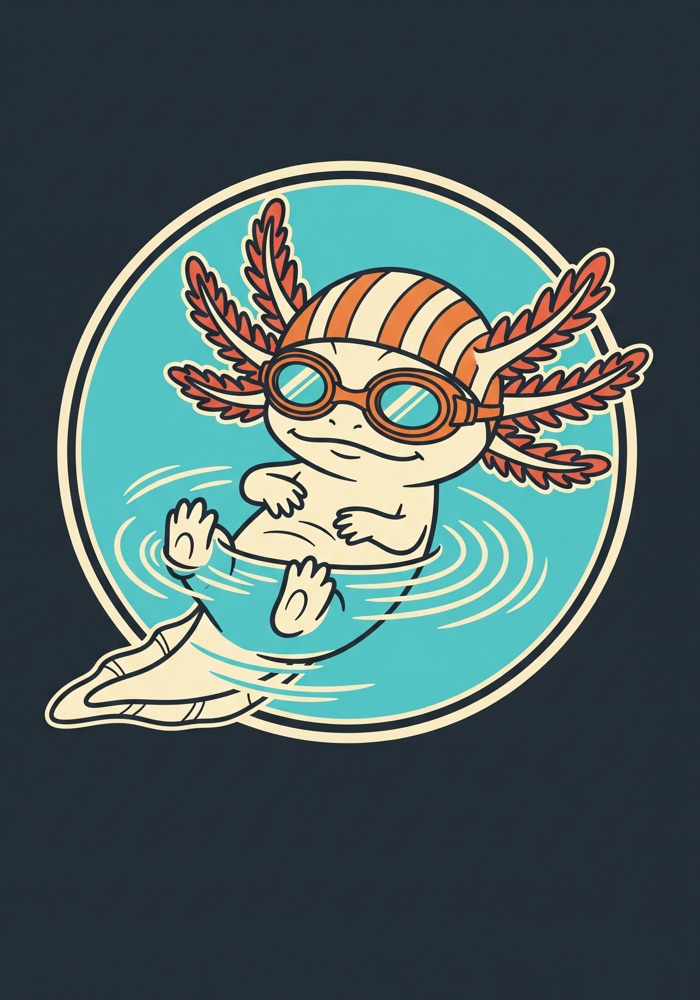 Vintage swim-club badge design of an axolotl in a striped swim cap and goggles floating in a round pool